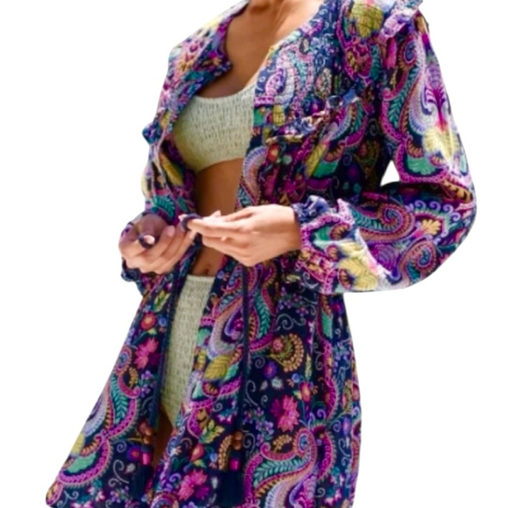 Purple Paisley tunic button front beaded belt